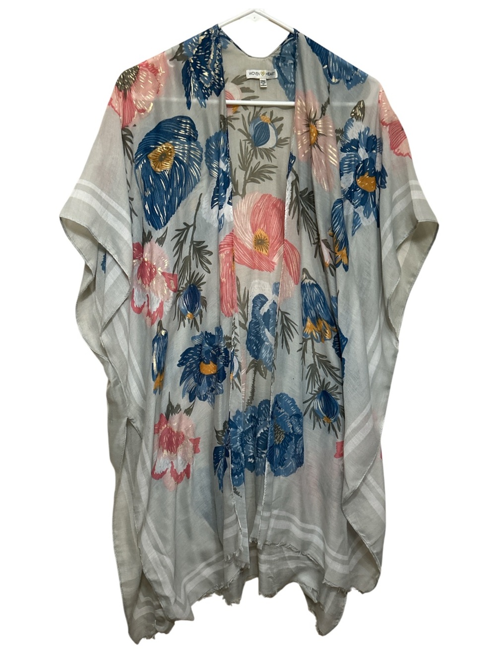 Woven Heart Floral Draped Kimono in Gray with Blue & Pink Blooms Size OS EUC